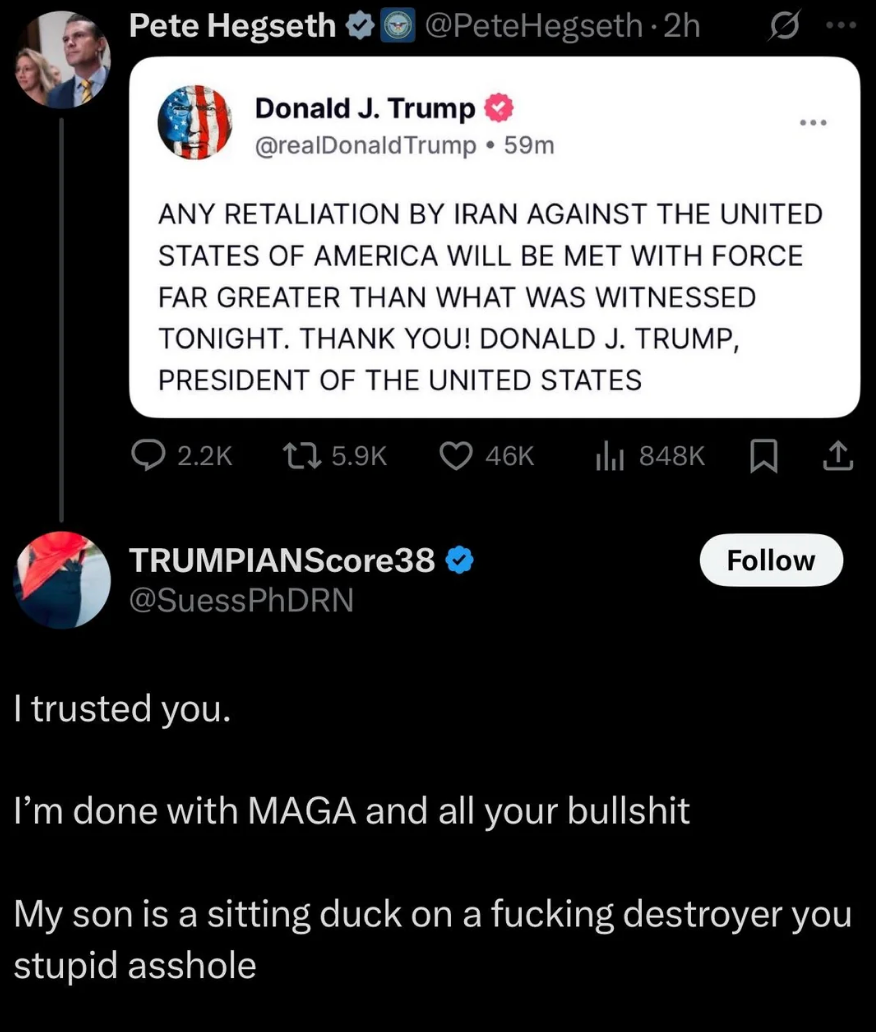 Tweet by Pete Hegseth quoting a post by Donald J. Trump about retaliation against Iran, followed by a critical response tweet