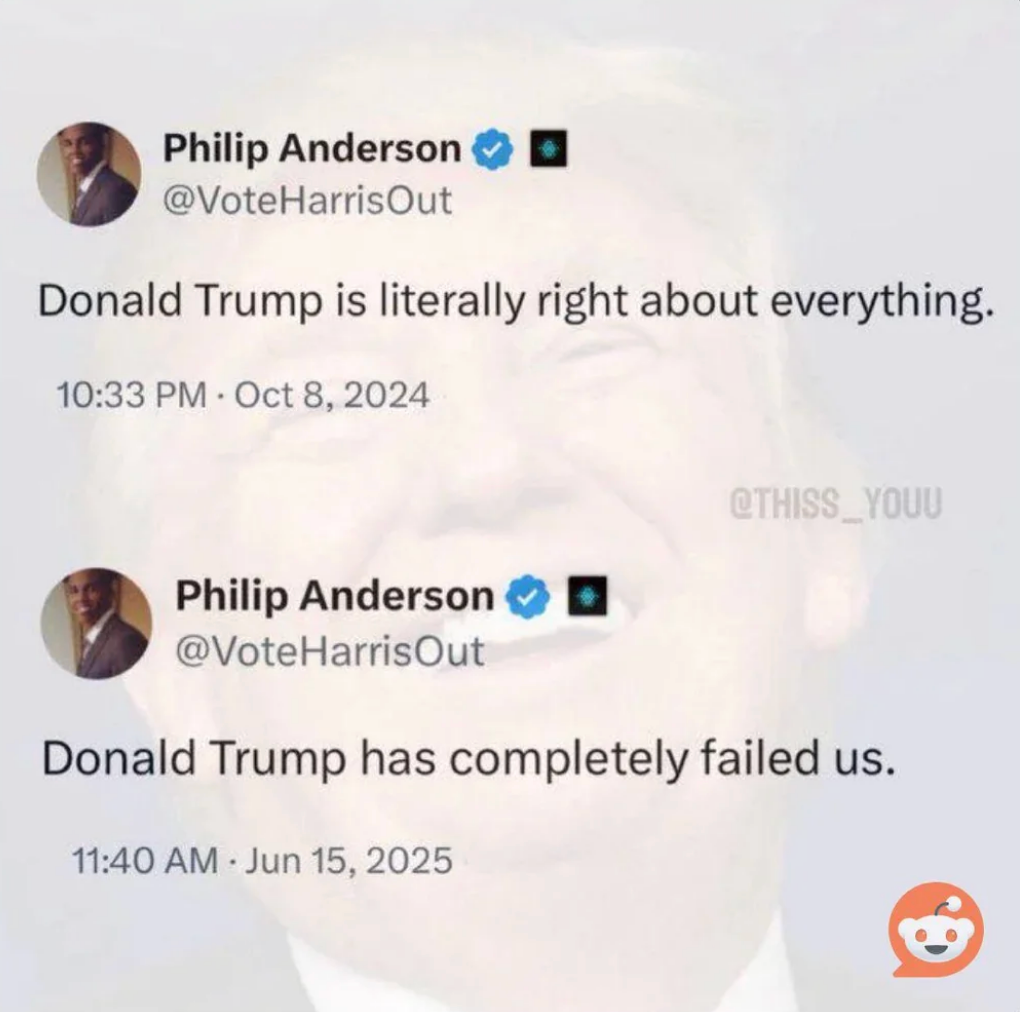 Two tweets by Philip Anderson: One from 2024 praising Trump, another from 2025 criticizing Trump
