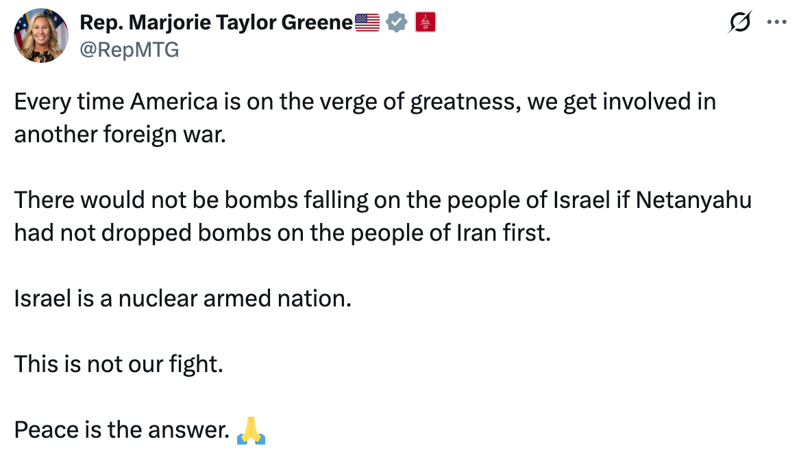 Tweet by Rep. Marjorie Taylor Greene: Criticizes foreign wars involving the U.S., mentions Israel, Netanyahu, Iran, and emphasizes peace as a solution
