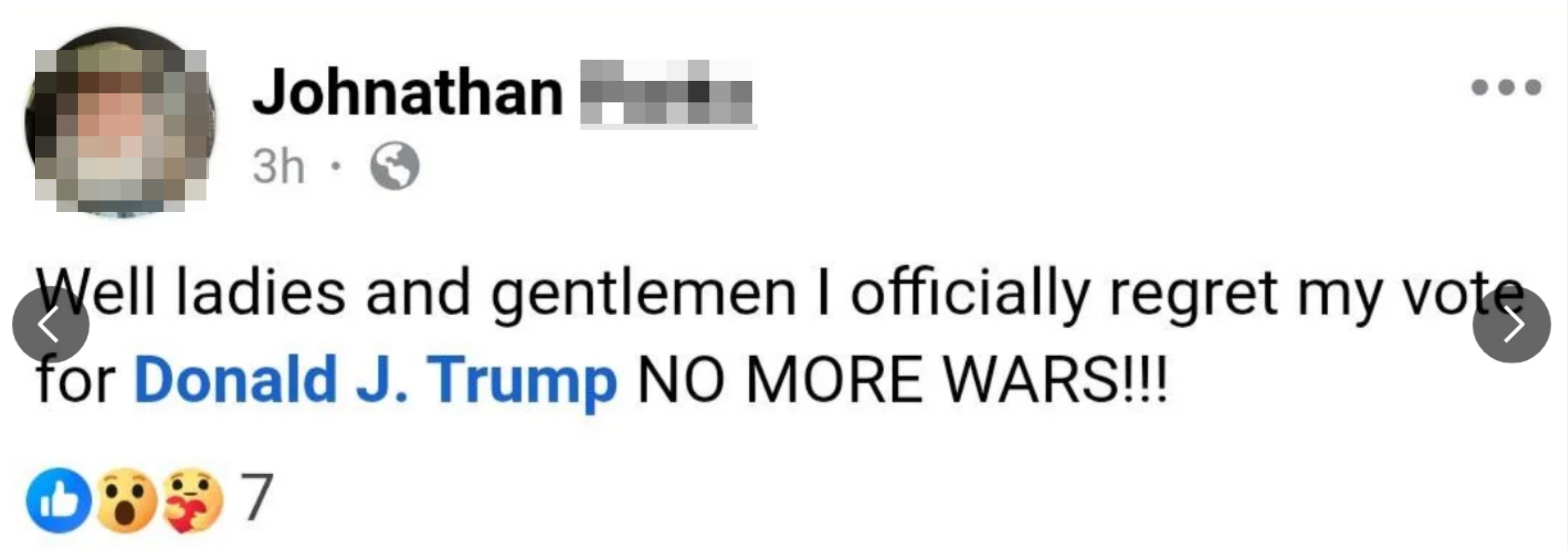Facebook post by Johnathan Parks expressing regret for voting for Donald J. Trump, mentioning &quot;NO MORE WARS.&quot;