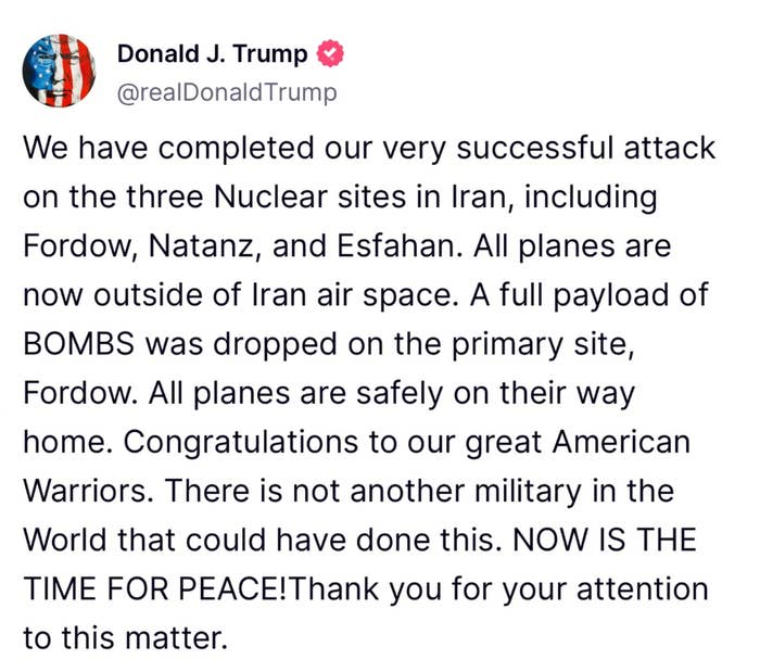Summary of a tweet claiming an attack on nuclear sites in Iran, highlighting successful bombings and praising the American military