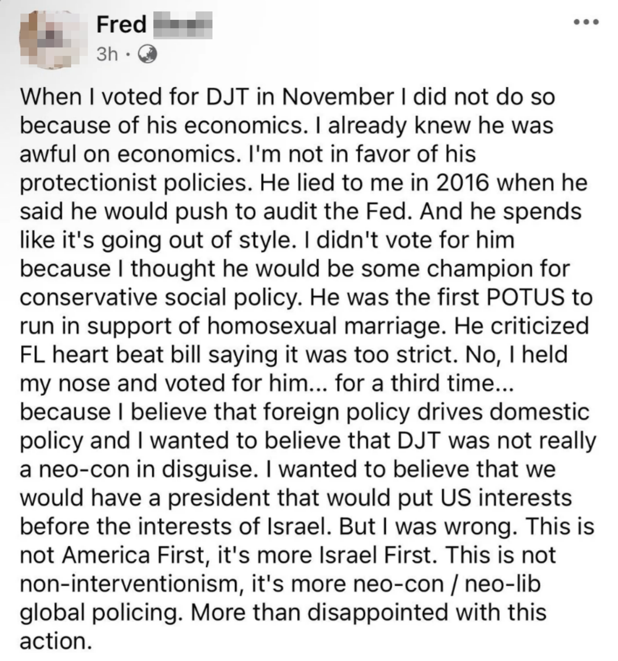 Facebook post by Fred Beall expressing disappointment in a political figure&#x27;s economic and social policies