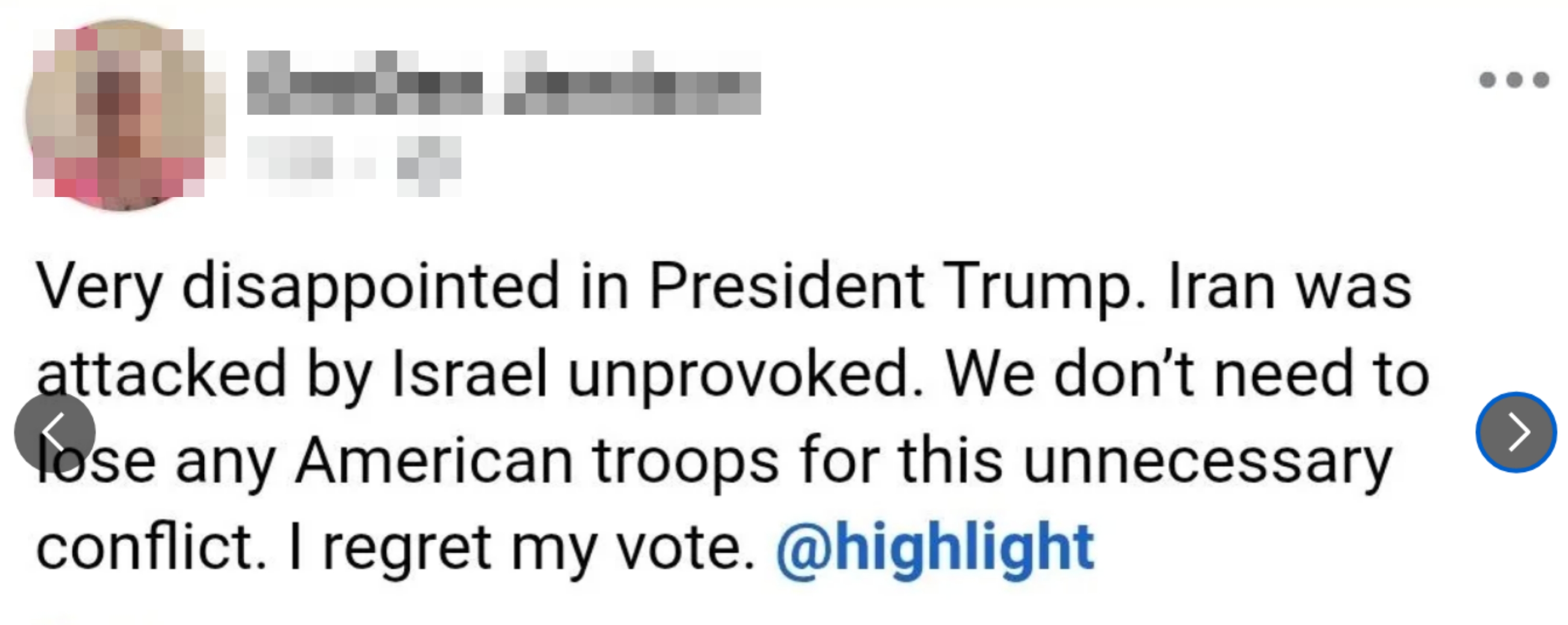 A Facebook post by &quot;DeeDee Jemison&quot; expressing disappointment in President Trump about an unprovoked attack on Iran by Israel, regretting their vote