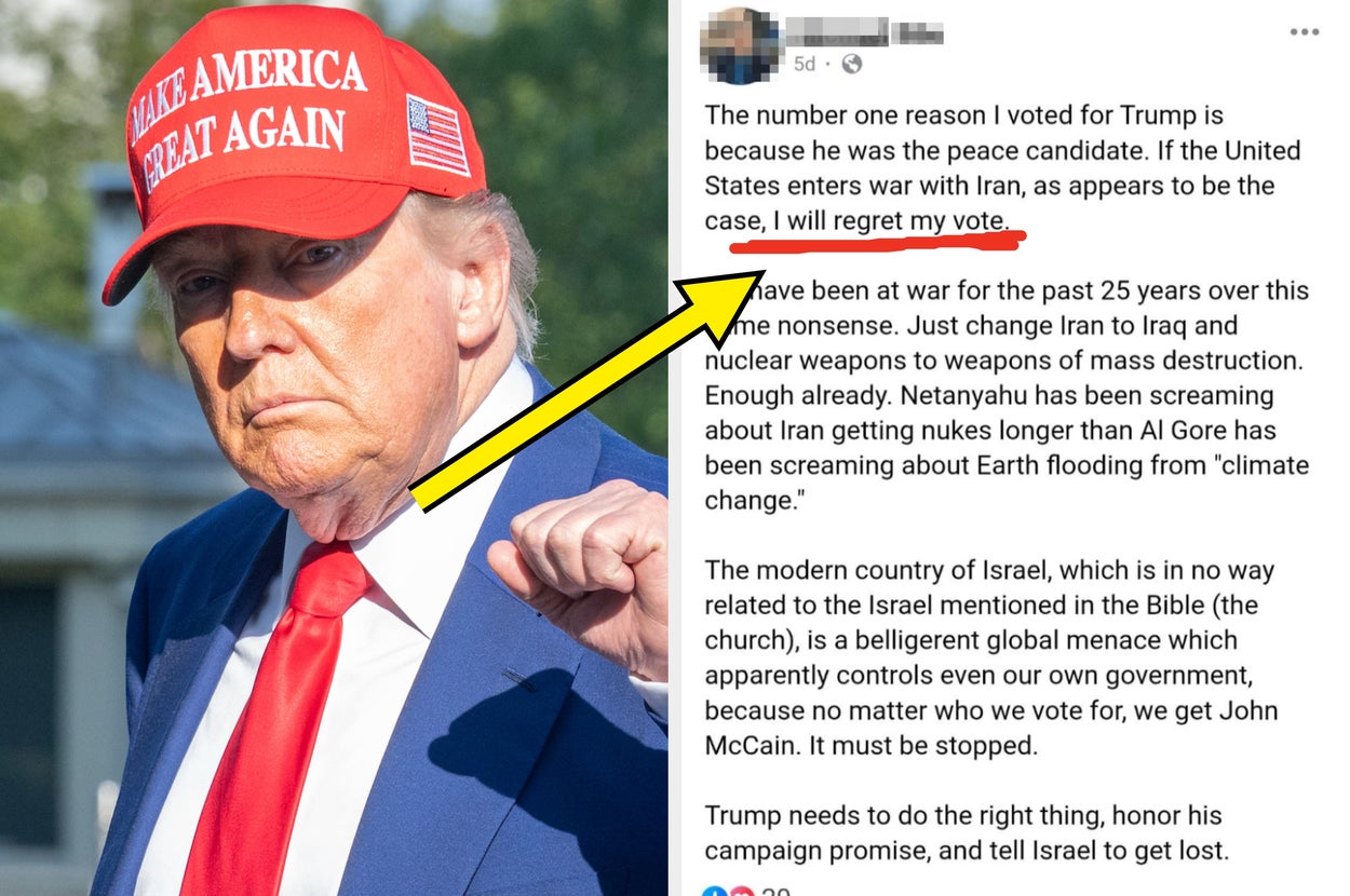 A person speaking at a podium next to a social media post criticizing potential military action against Iran and discussing political views on Israel