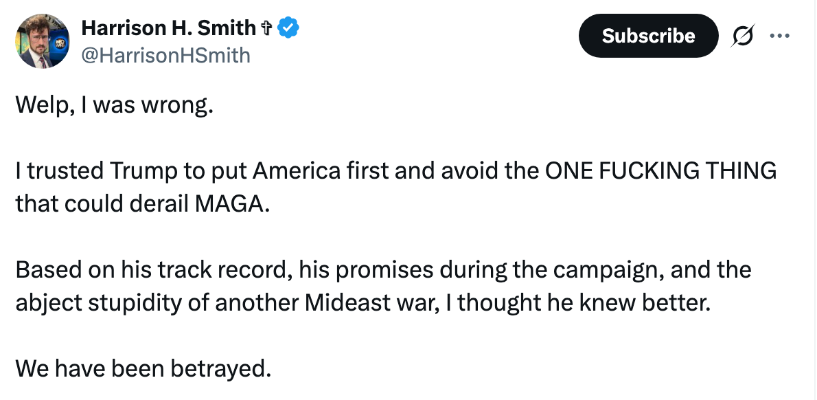 Tweet by Harrison H. Smith expressing regret for trusting Trump to avoid Mideast war, stating feelings of betrayal