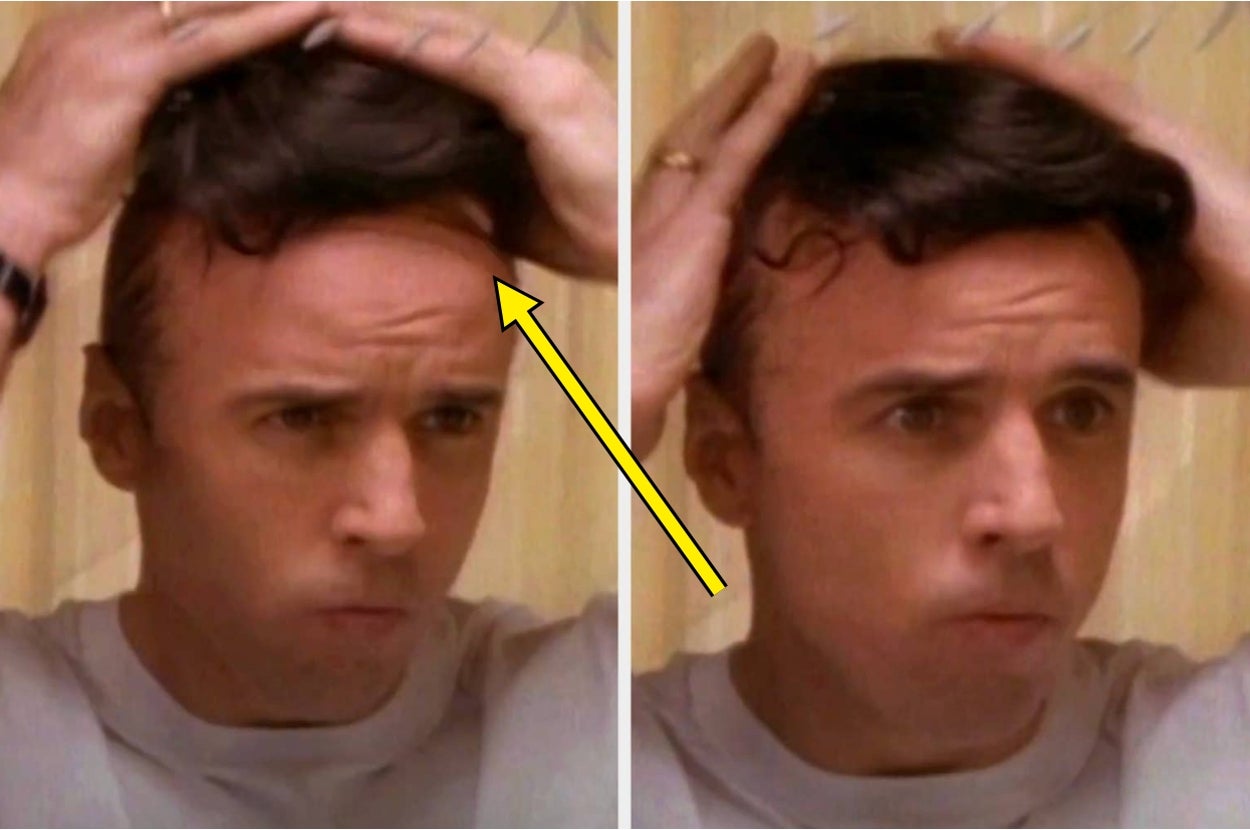 Person styling their hair by adjusting the front, showing a transformation from messy to neat