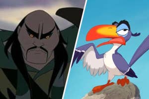 Animation characters: stern warrior from "Mulan" alongside an exasperated bird from "The Lion King."