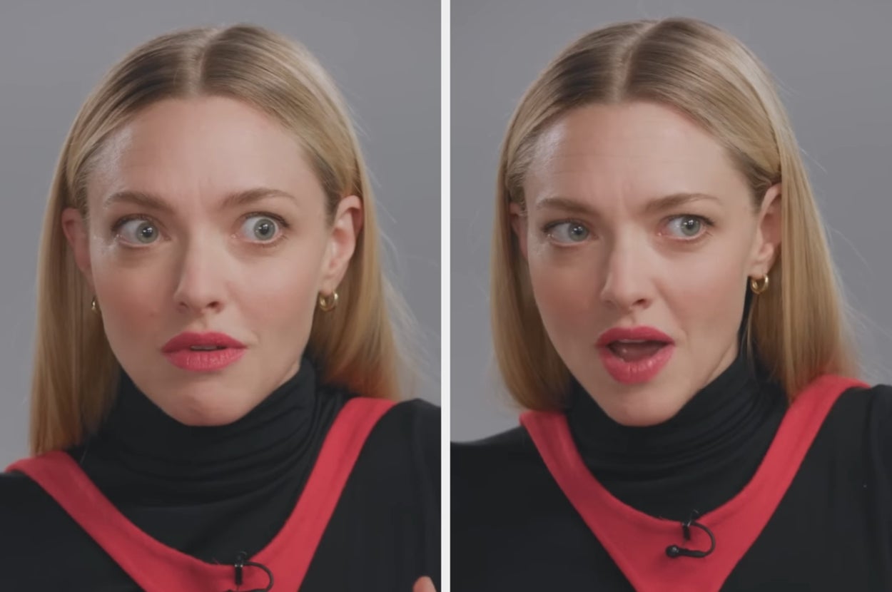 A person with long hair, wearing a black turtleneck with red accents, makes expressive gestures in two side-by-side portraits, possibly during an interview