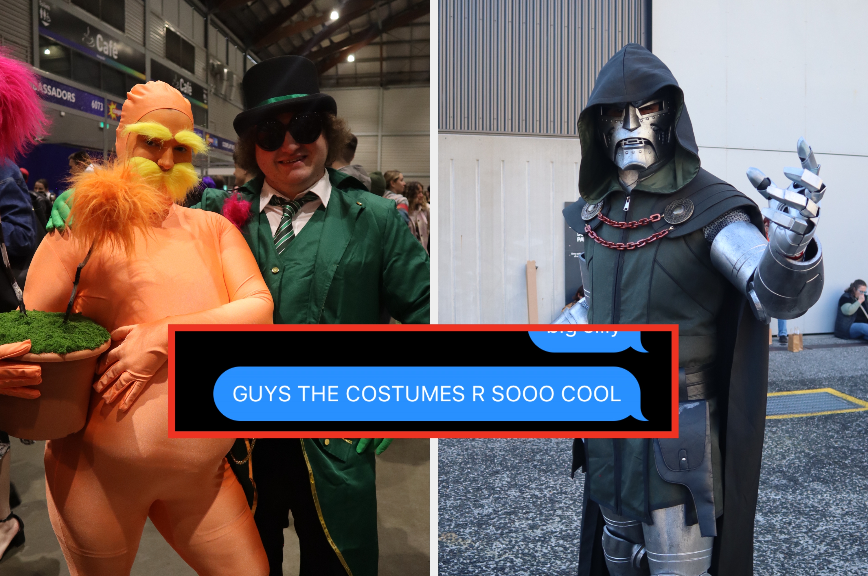 Two people in vibrant costumes; one in an orange suit with a flower pot, the other in a metallic, armored villain look with a green cloak