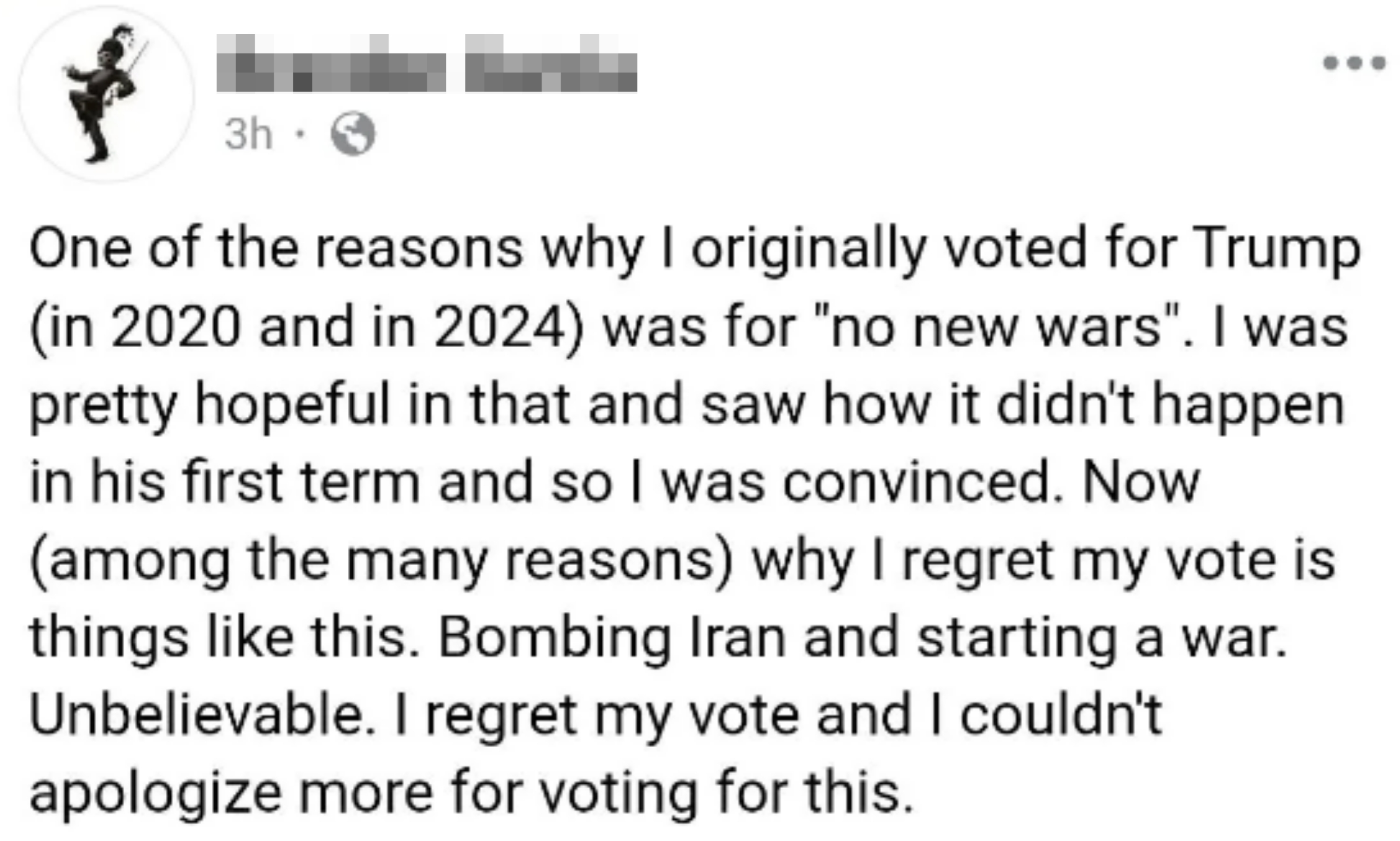 Facebook post by Brandon Garcia expressing regret for voting for Trump due to the bombing of Iran