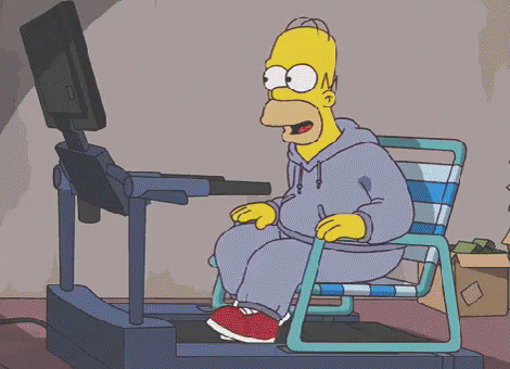 Animated character on a treadmill chair setup, wearing a casual hoodie and sneakers, seemingly exercising while remaining seated