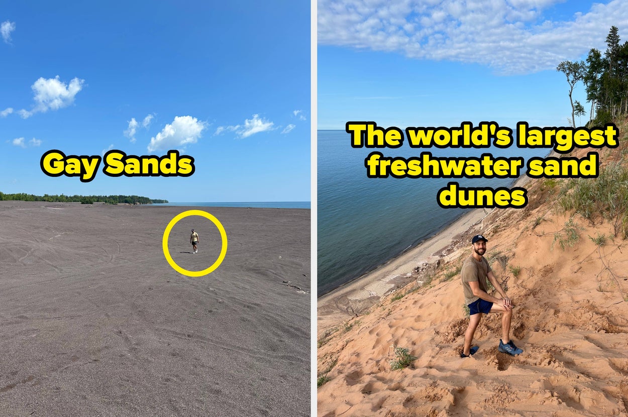 Split image: Left shows a person walking on a vast, empty beach; right shows a person posing on a sandy dune with a lake view