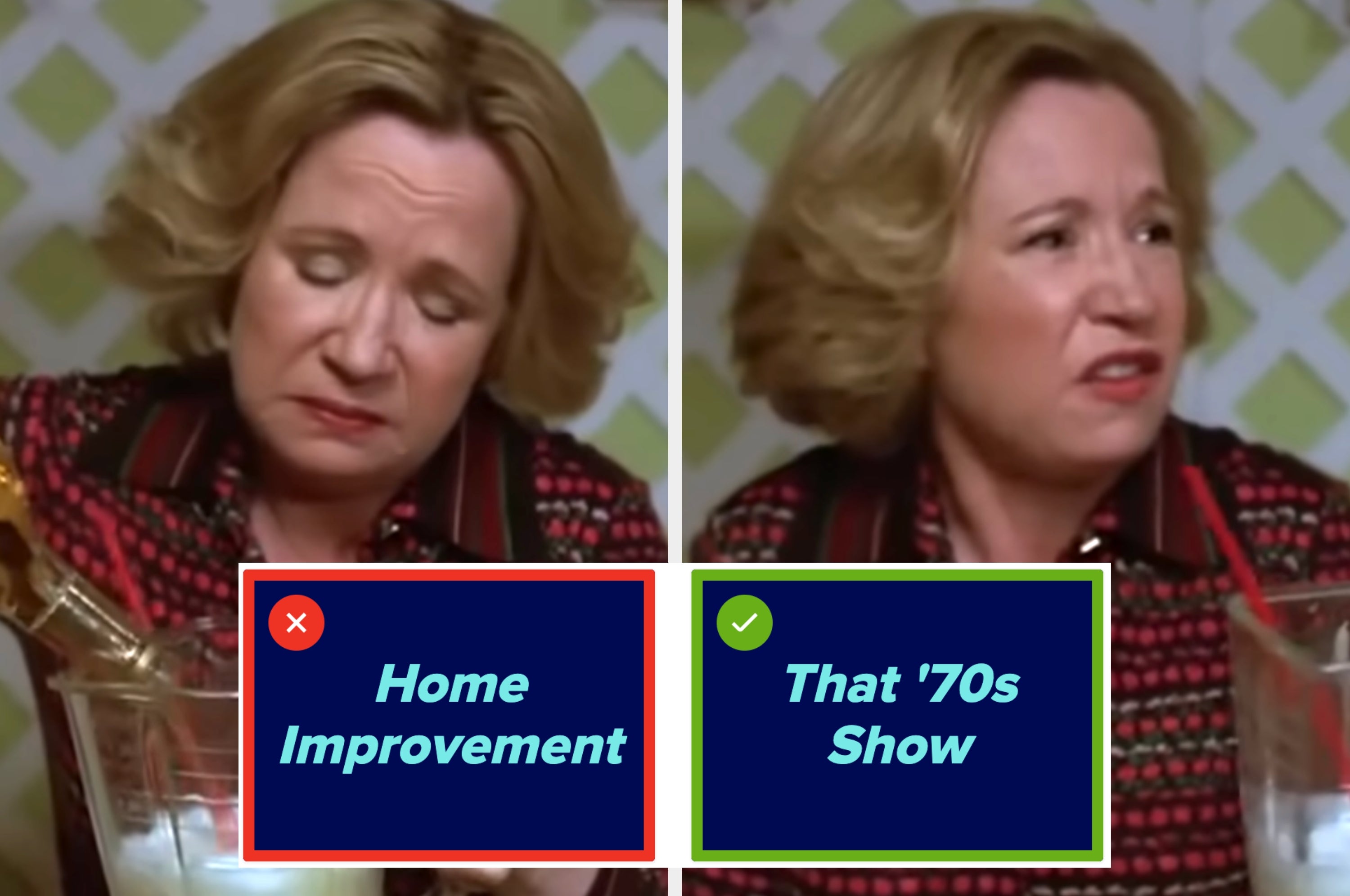 A person with short hair wearing a patterned shirt is pouring liquor into a pitcher and making an expressive face