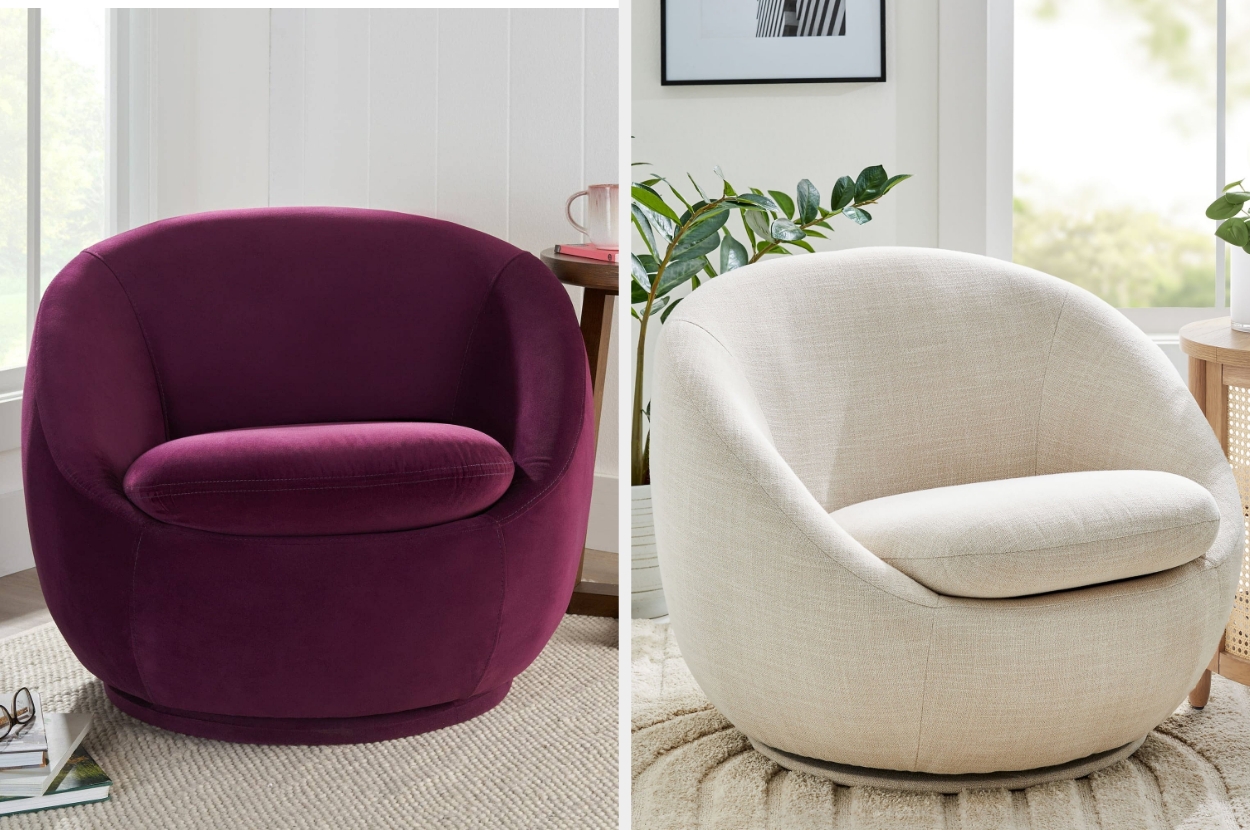 Two modern, rounded armchairs side by side; one in purple velvet, the other in cream fabric, set in a stylish living room setting