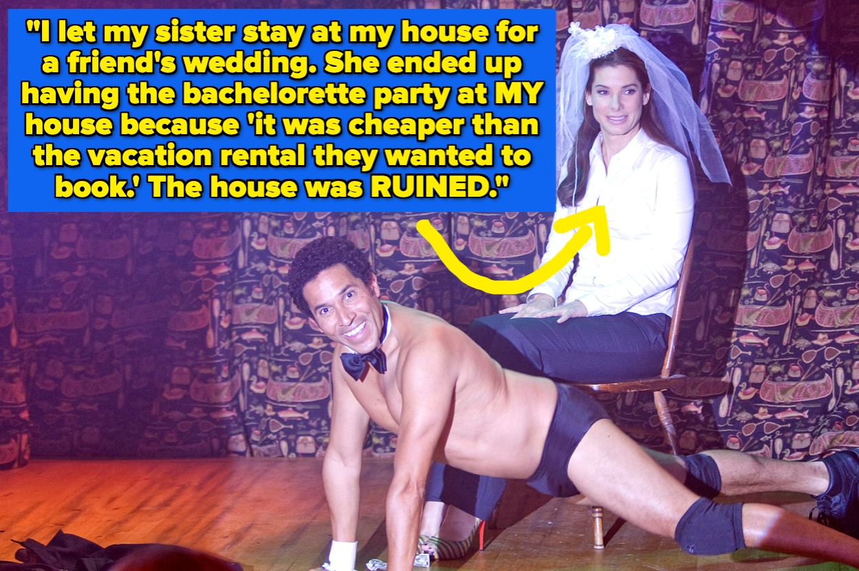 Woman in a veil and man in bowtie and shorts on stage; yellow text bubble about a ruined bachelorette party at the speaker's house