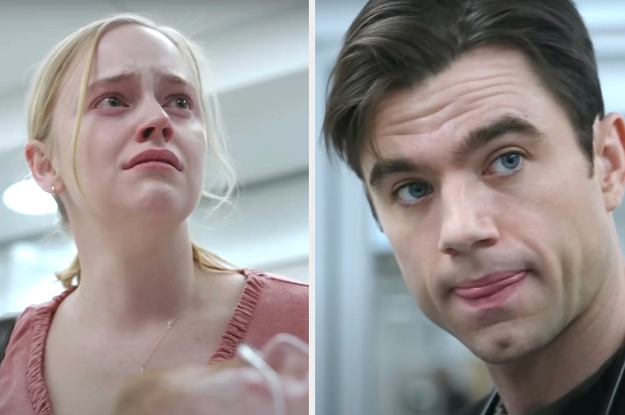Two people in an emotional scene, a woman appears upset and a man looks concerned, suggesting a dramatic moment
