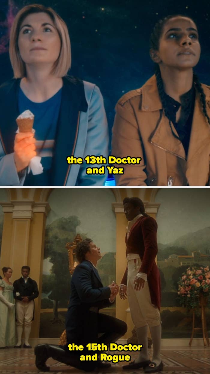 the 13th Doctor with Yaz holding an ice cream, and the 15th Doctor with Rogue during a proposal in a formal setting