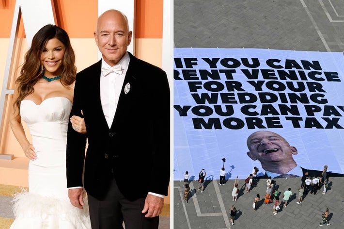 Two images: Left, a couple on red carpet; right, a large banner on the ground reads "If you can rent Venice for your wedding, you can pay more tax."