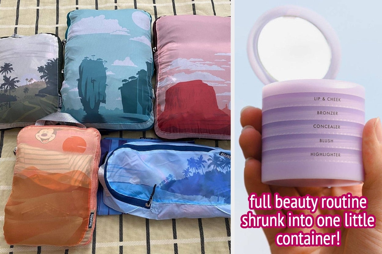 Four packing cubes with scenic designs next to a compact stackable container labeled for makeup essentials. Text: "full beauty routine shrunk into one little container!"