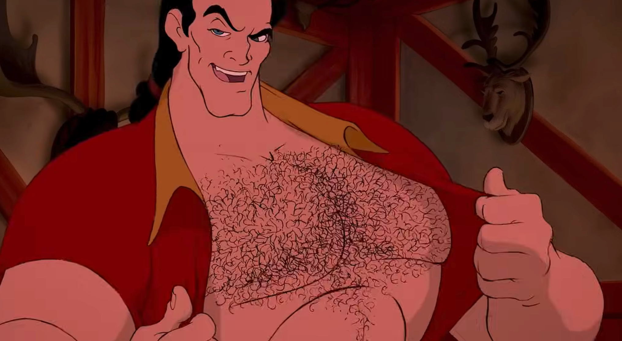 Animert karakter med muskuløs bygning som avslører brysthår, smiler med en selvsikker positur