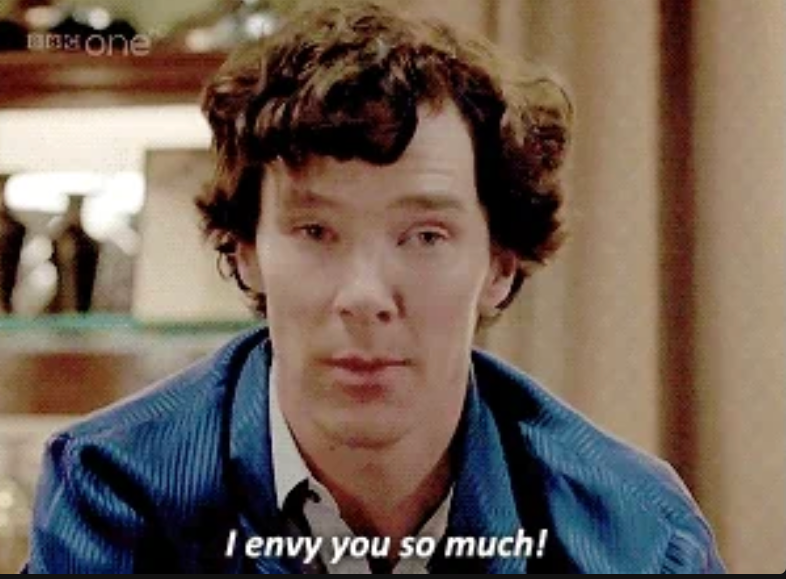 Person med krøllete hår sier, & quot; Jeg misunner deg så mye! & Quot; I et tekstoverlegg