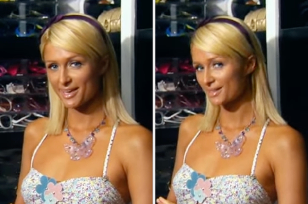 Person with straight hair and a headband, wearing a floral-patterned spaghetti-strap top and a chunky necklace, standing in front of sunglasses display