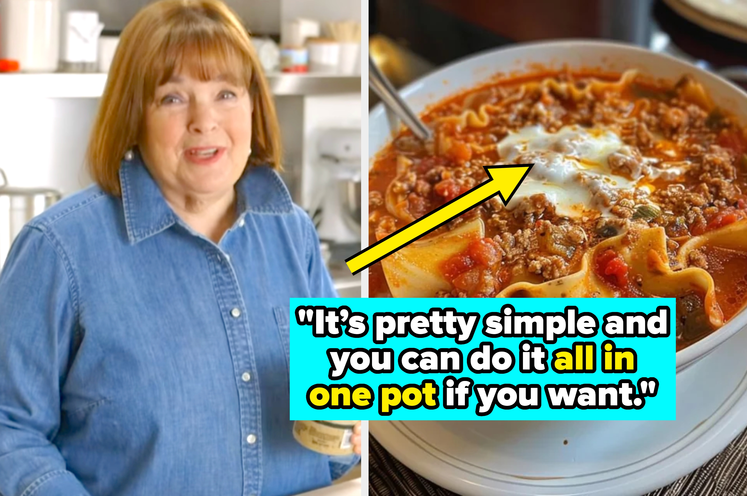 Ina Garten in a kitchen with a denim shirt beside a close-up of a lasagna soup with meat and cheese. Text highlights its simplicity and one-pot method