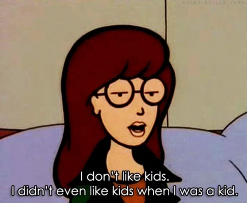 En animert karakter med briller og langt hår sier, & quot; Jeg er ikke som barn. Jeg gjorde ikke engang som barn da jeg var liten. & Quot;