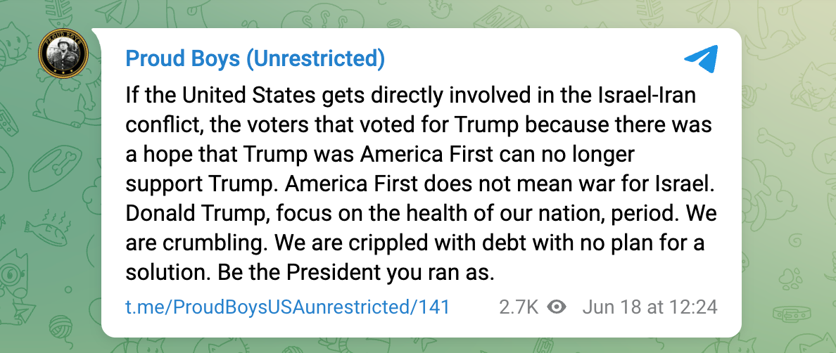 Text from a chat group urging Trump to prioritize American interests over foreign involvement, focusing on national health and financial stability