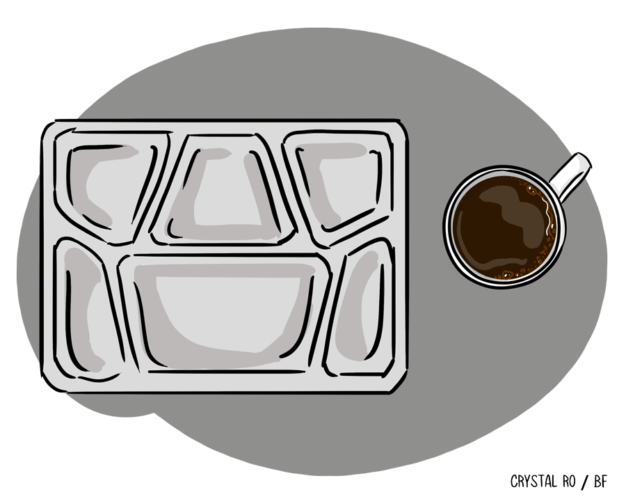 Illustration of a divided food tray next to a mug filled with coffee on a gray surface