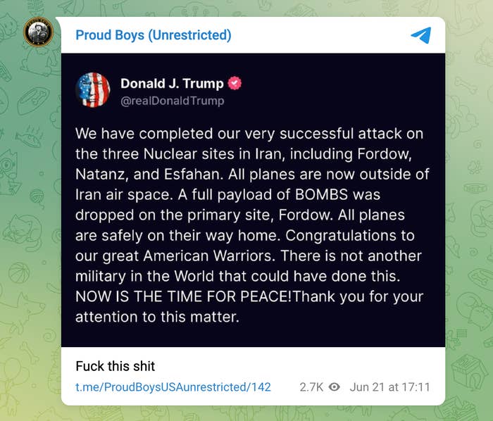 A screenshot of a Telegram message from Donald J. Trump claiming a successful attack on three nuclear sites in Iran, advocating for peace afterward