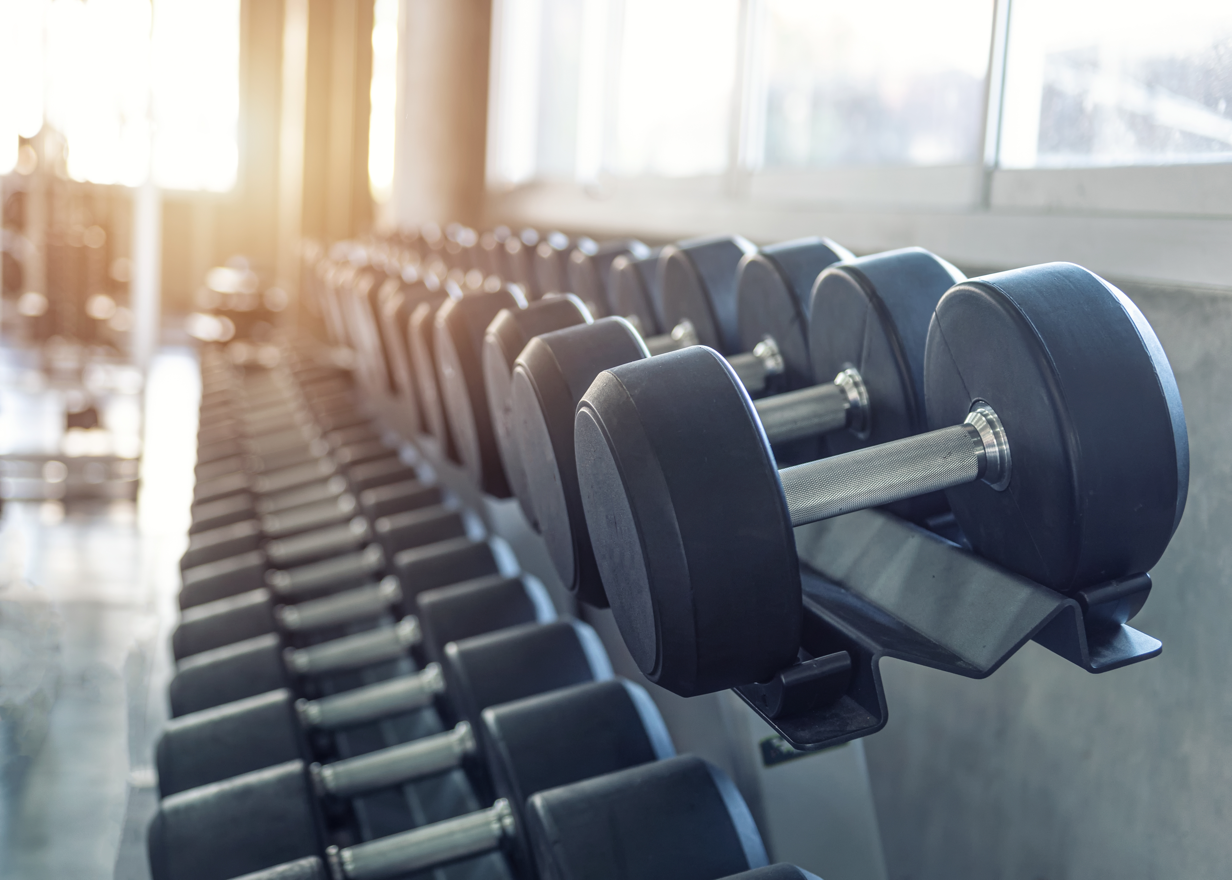 En rad med pent organiserte hantler i et lyst treningsstudio, noe som antyder fokus på kondisjon og velvære