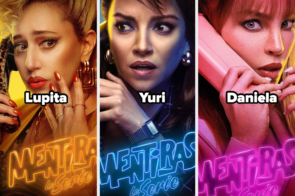 Cartel de "Mentiras: La Serie" con tres personajes principales: Lupita, Yuri y Daniela, cada uno sosteniendo un teléfono en sus respectivas poses dramáticas