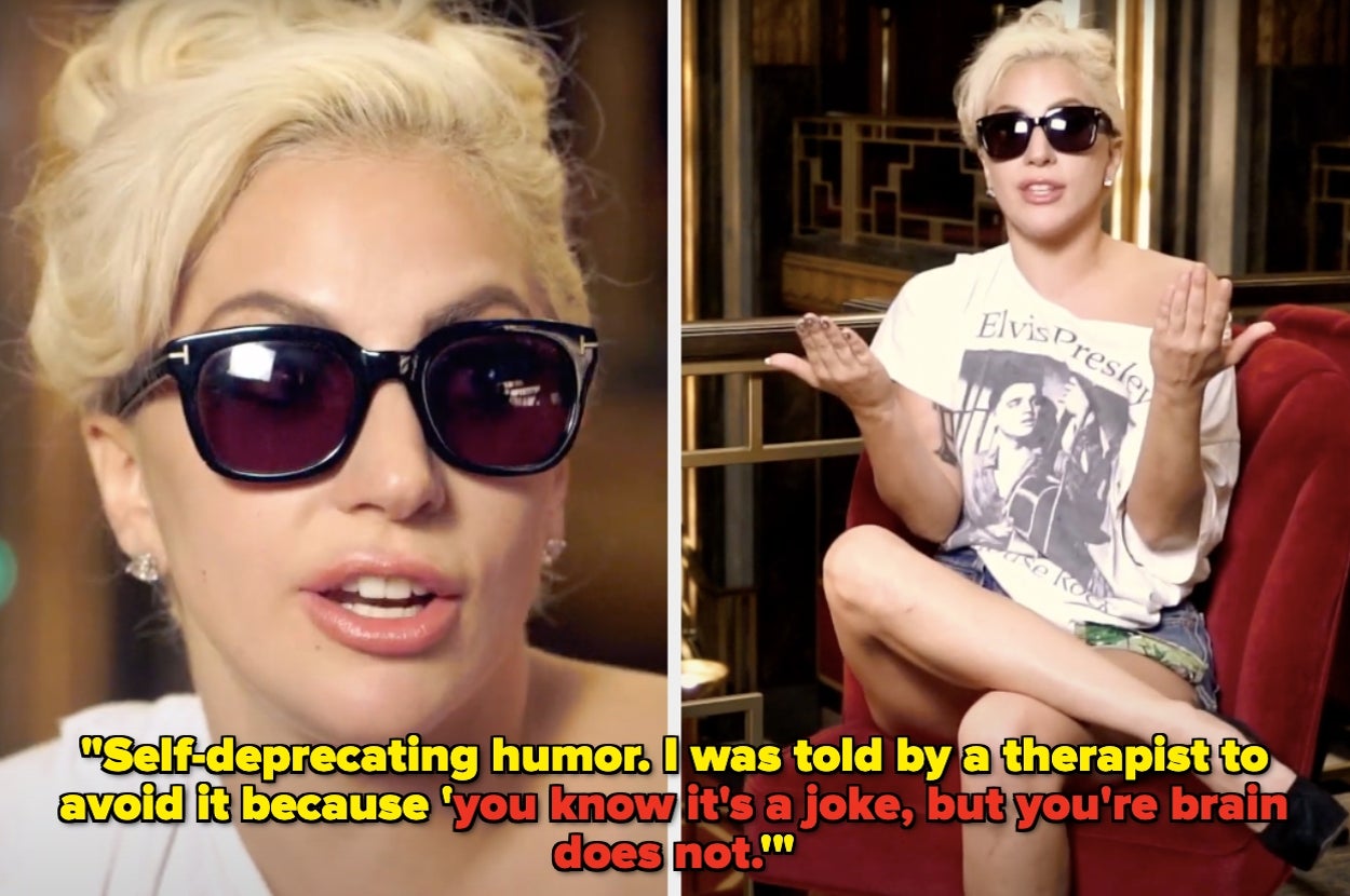 Two images of a woman in sunglasses. Left: close-up. Right: wearing an Elvis T-shirt, sitting with arms raised. Quote about self-deprecating humor below
