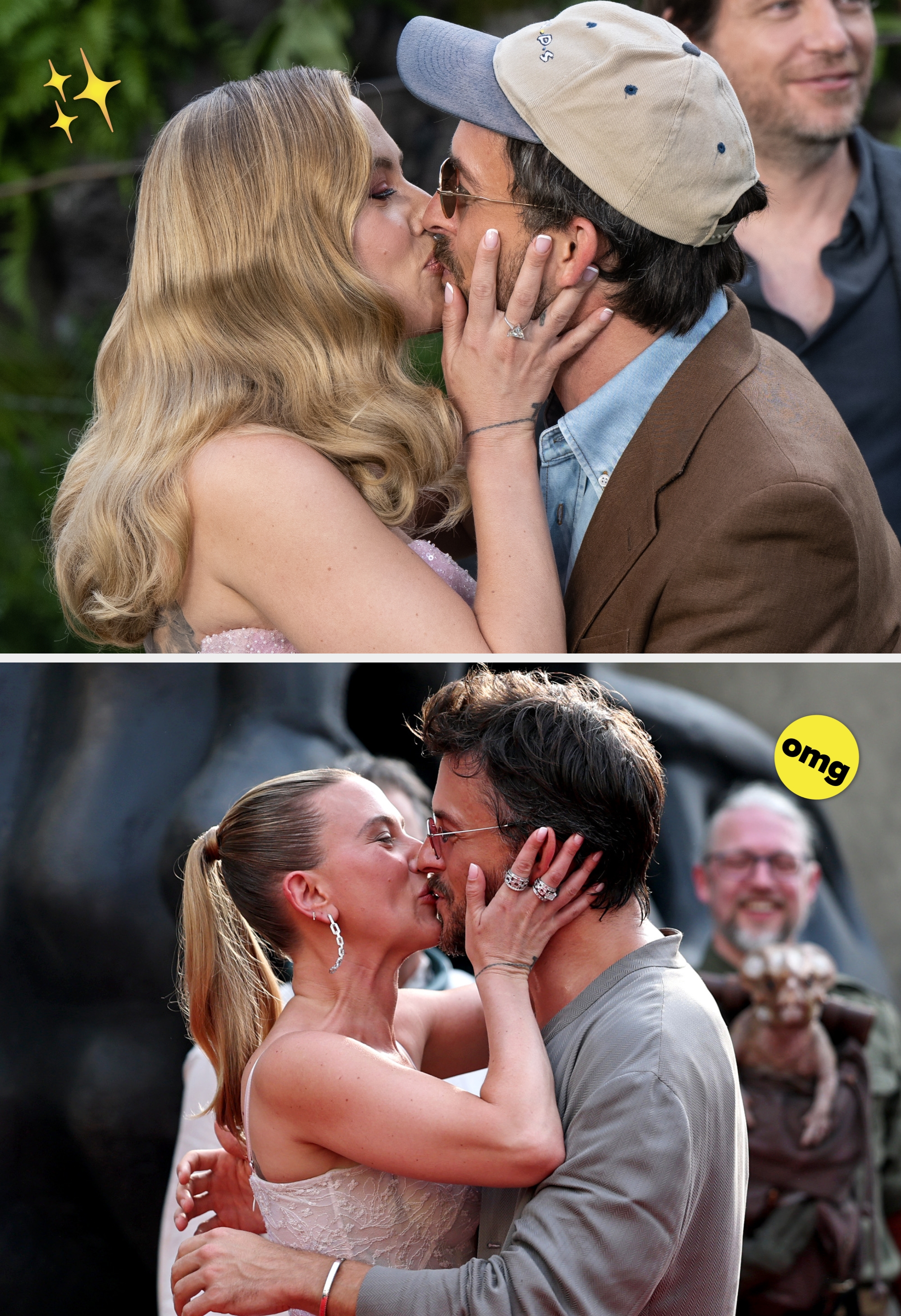 Two people kiss at an outdoor event; one wears a formal strapless dress, the other a cap and casual jacket. A third person in the background smiles
