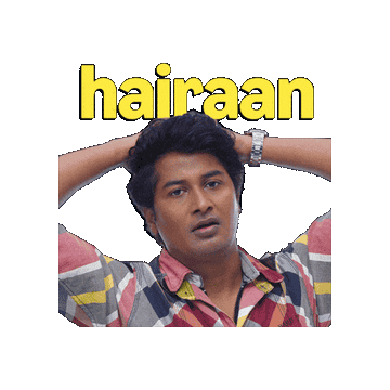 Person in casual, checked shirt with hands on head, below bold yellow text &quot;hairaan.&quot;