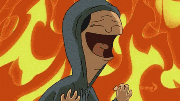 Animated character in a hoodie laughing with flames in the background