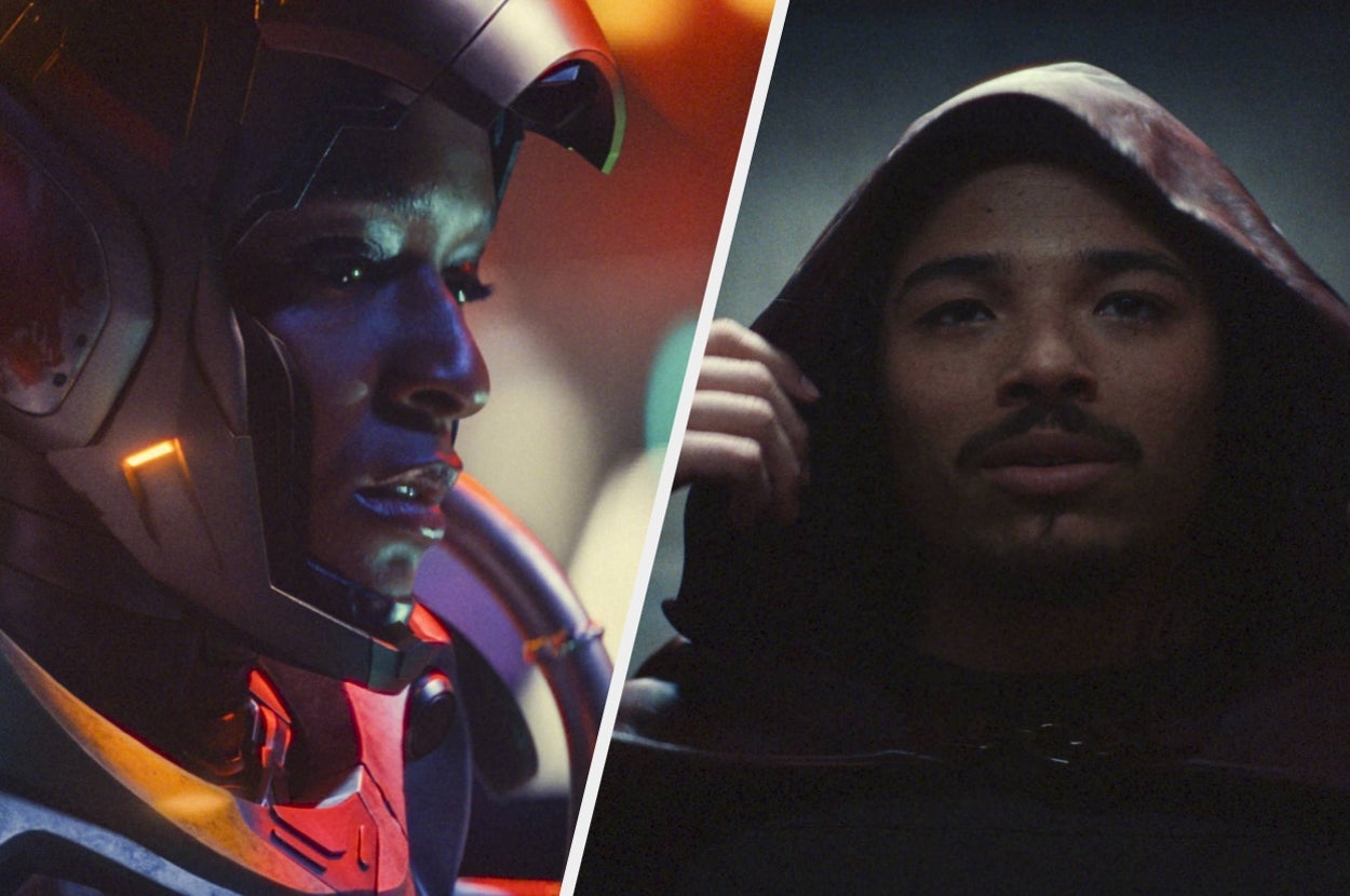 Two individuals in futuristic outfits face each other; one wears a high-tech helmet, and the other dons a hooded cloak