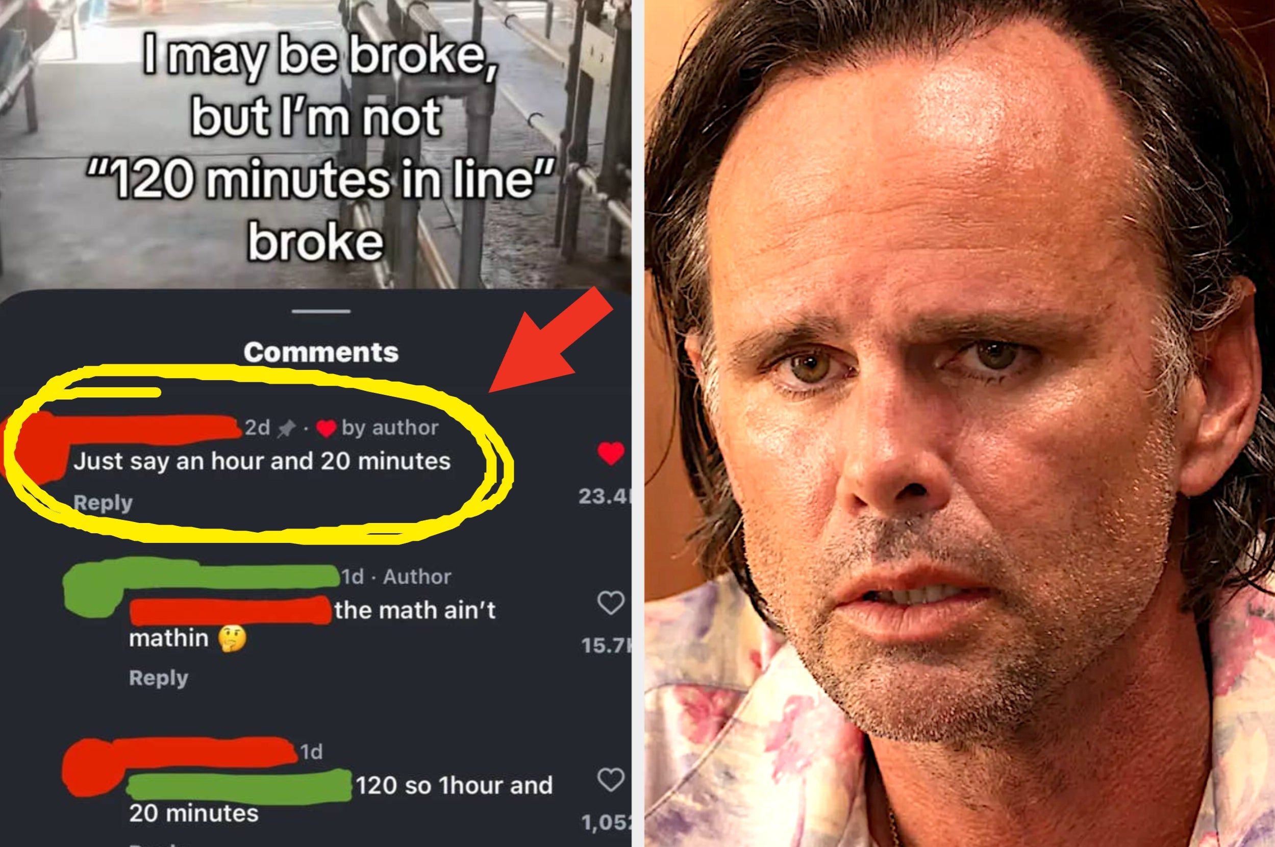 Meme split image: left shows a social media post about a long wait time; right is a reaction face looking frustrated or confused