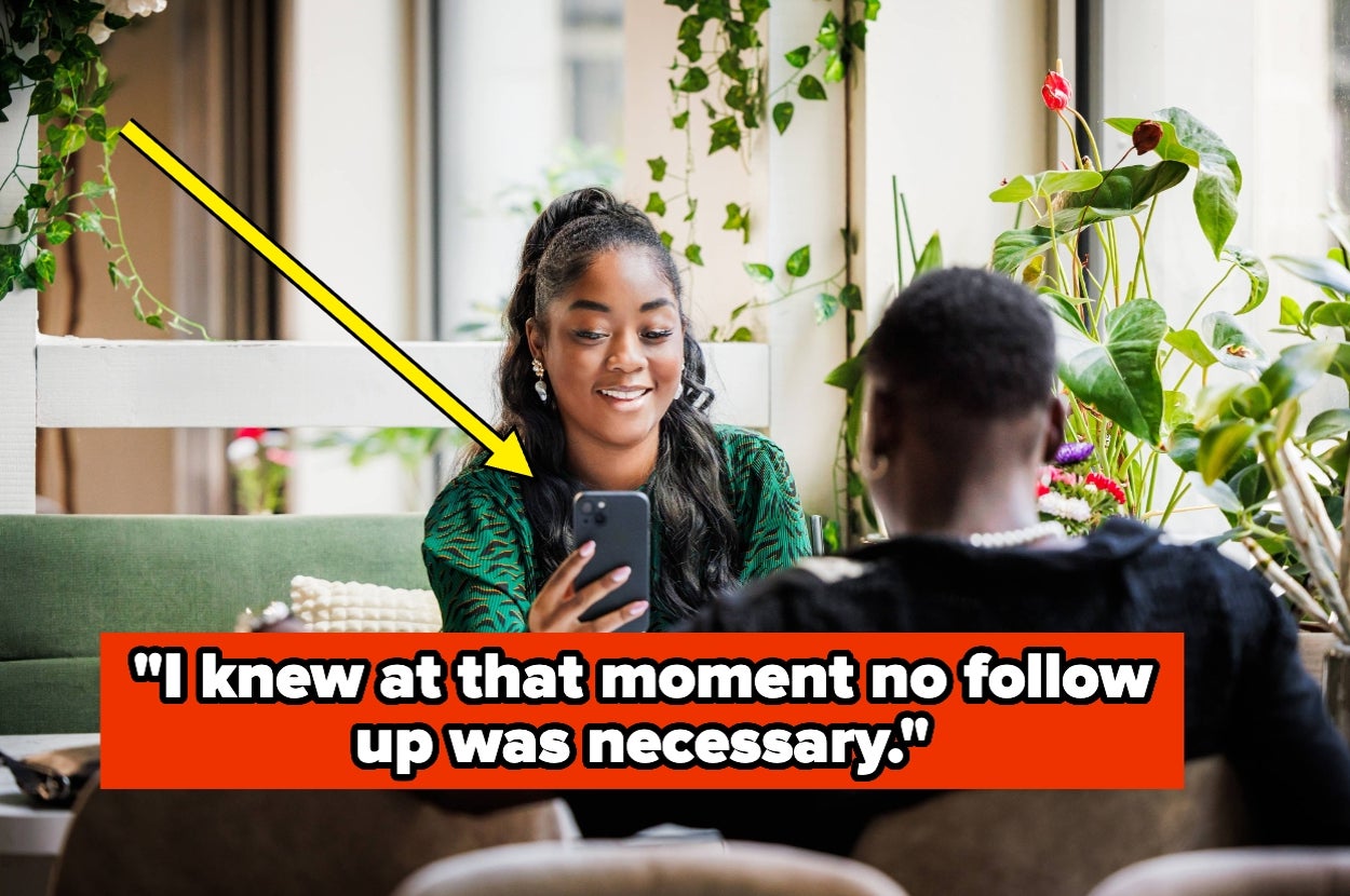 Woman smiling at her phone across from a man at a cafe. Text: "I knew at that moment no follow up was necessary."