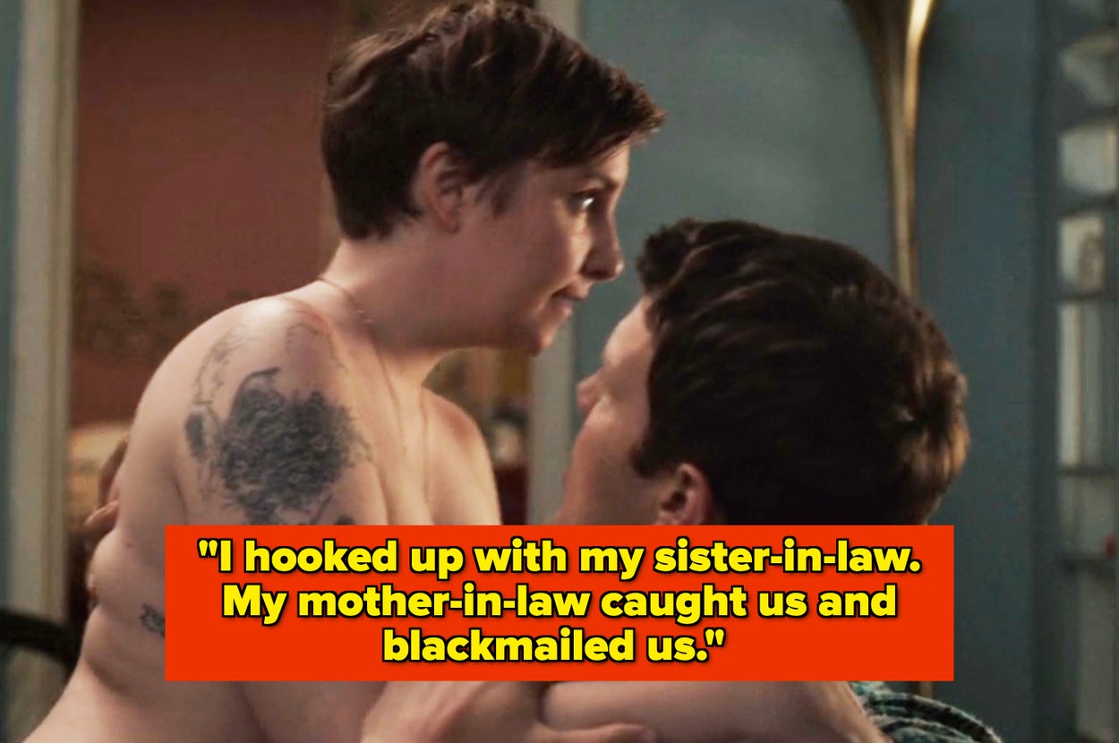 A man and woman in an intimate moment with overlaid text about a sister-in-law affair and subsequent blackmail by the mother-in-law