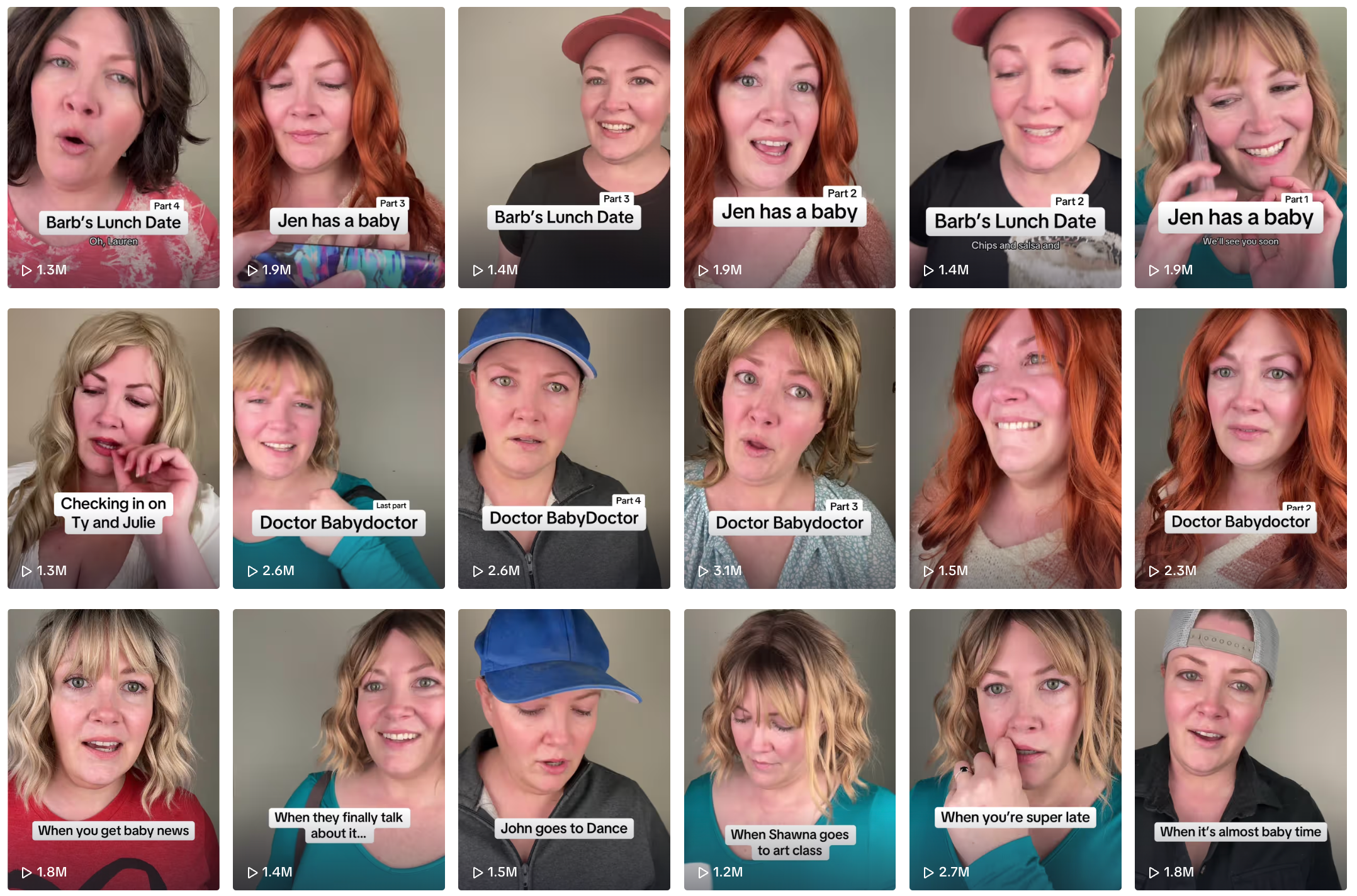 A woman in different wigs and expressions plays various characters in short video skits, with themes like parenting and humorous everyday scenarios