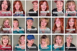 A woman in different wigs and expressions plays various characters in short video skits, with themes like parenting and humorous everyday scenarios