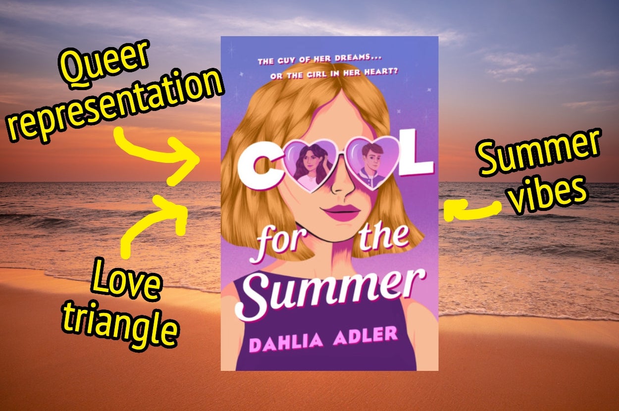Book cover titled "Cool for the Summer" by Dahlia Adler with themes: queer representation, love triangle, summer vibes. Ocean sunset background