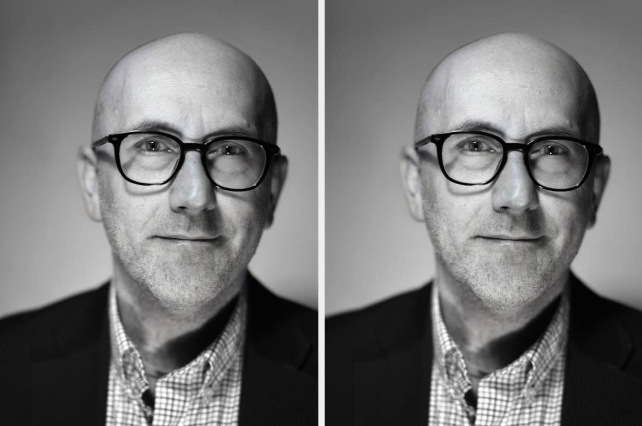 Two black-and-white portraits of a man wearing glasses and a checkered shirt. He has a neutral expression