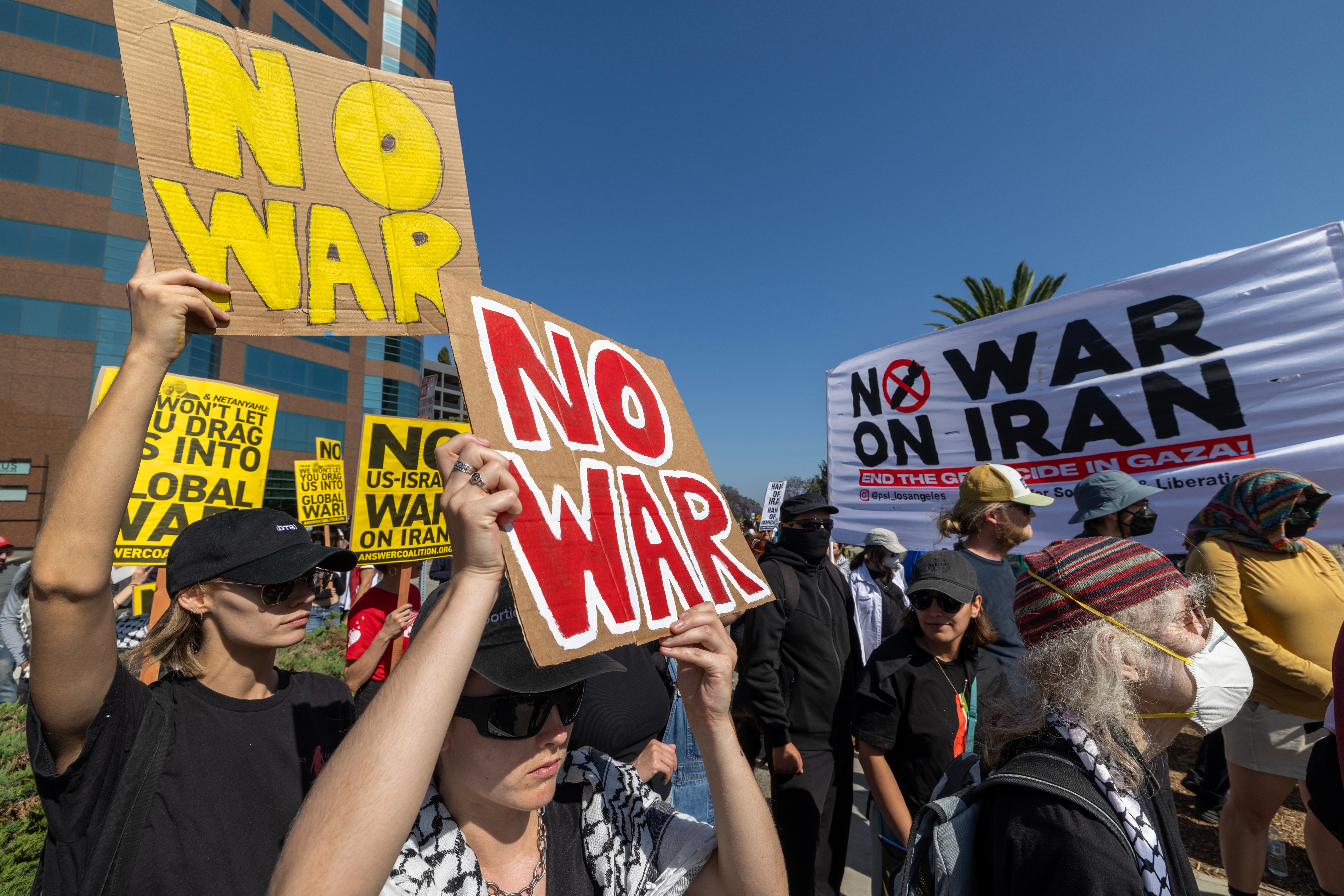 People protest the involvement of the U.S. in Israel's war against Iran near the Wilshire Federal Building on June 22, 2025 in Los Angeles, California