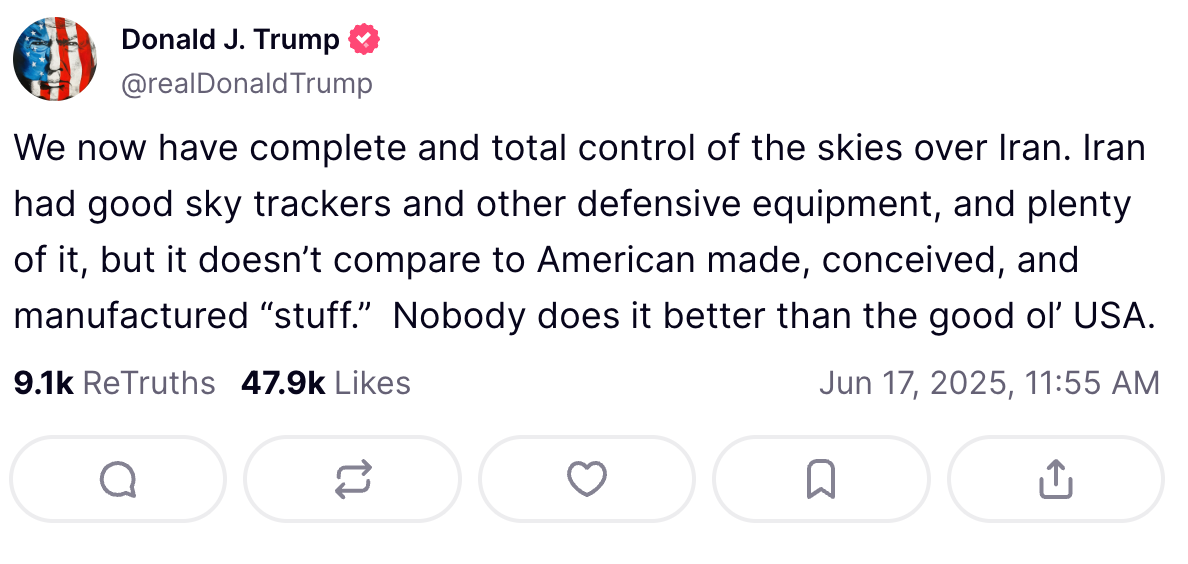 Tweet from a verified account claiming U.S. dominance in air control over Iran, stating superiority of American technology compared to Iran's