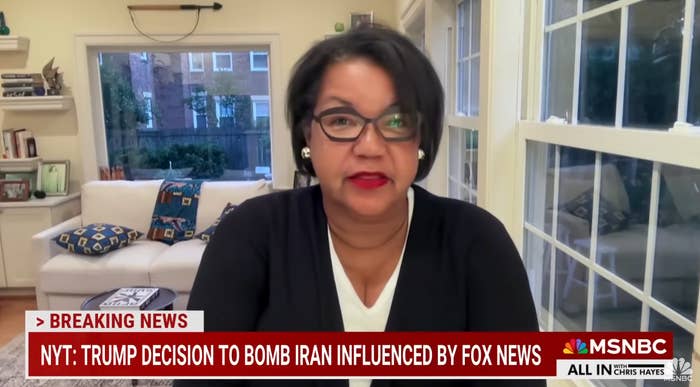 Journalist reporting from a home office on MSNBC about a New York Times story on Trump&#x27;s decision to bomb Iran being influenced by Fox News