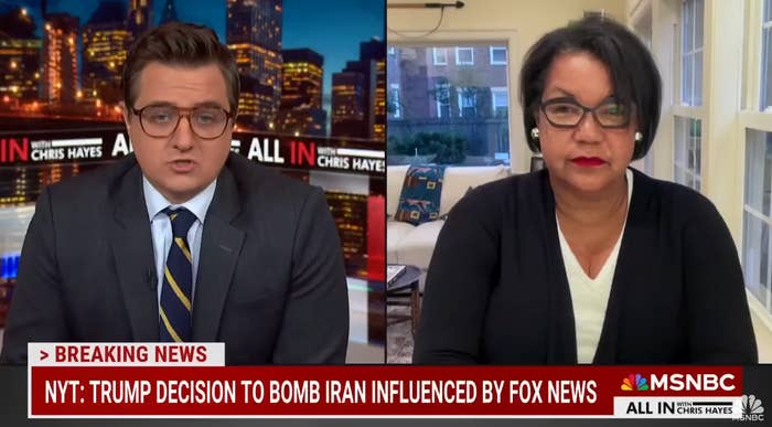 Two news anchors are discussing a report: &quot;Trump&#x27;s decision to bomb Iran influenced by Fox News,&quot; on an MSNBC broadcast with &quot;Breaking News&quot; banner