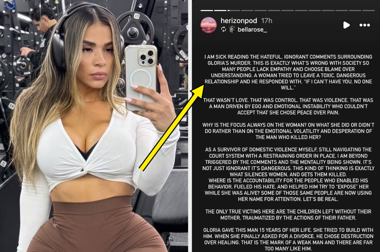 A woman in a gym outfit takes a selfie in a mirror. A large text alongside addresses domestic violence and societal reactions, emphasizing women's safety